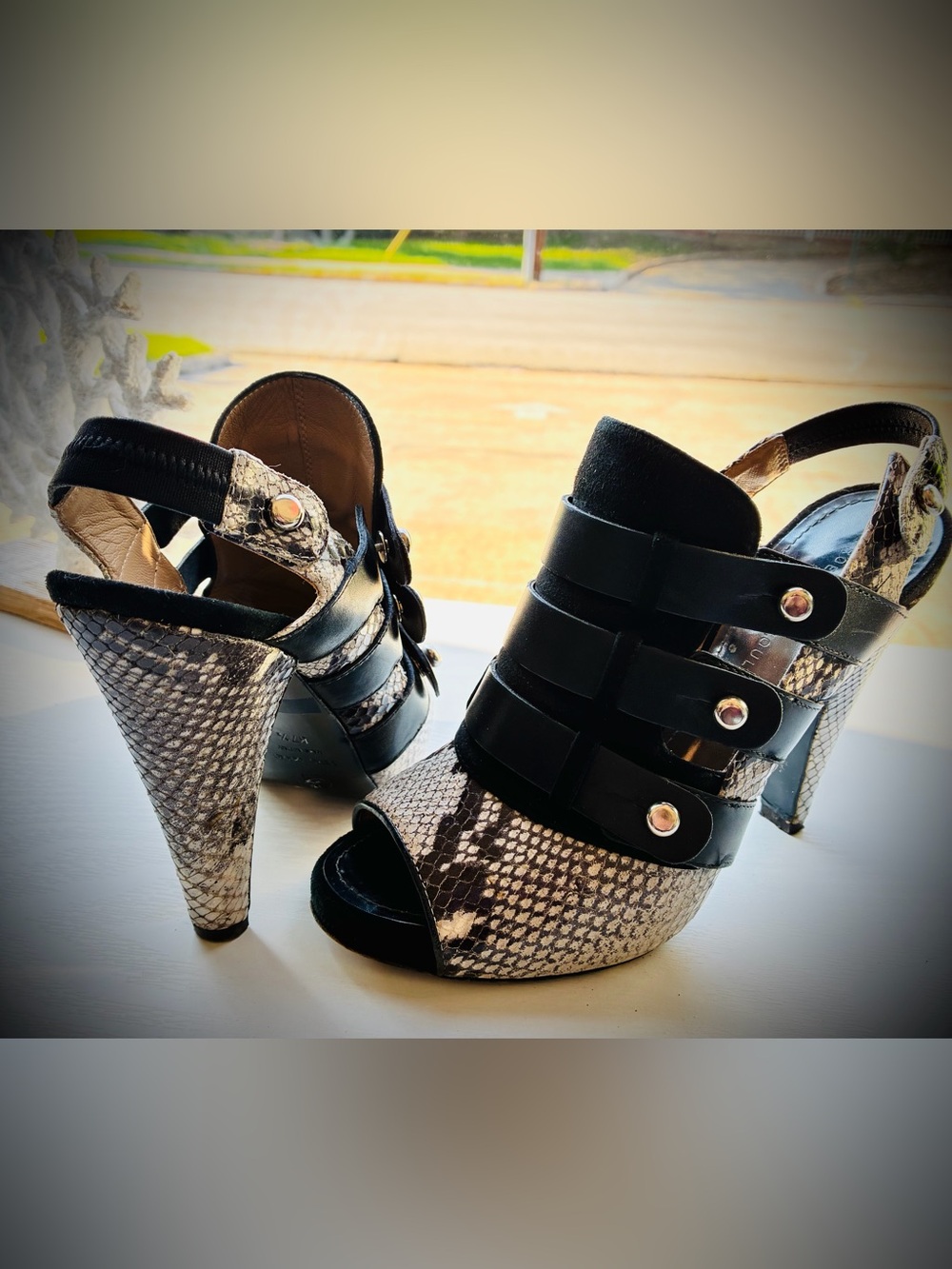 Proenza Schouler Black and Snake-Print Strappy High Heel Sandals